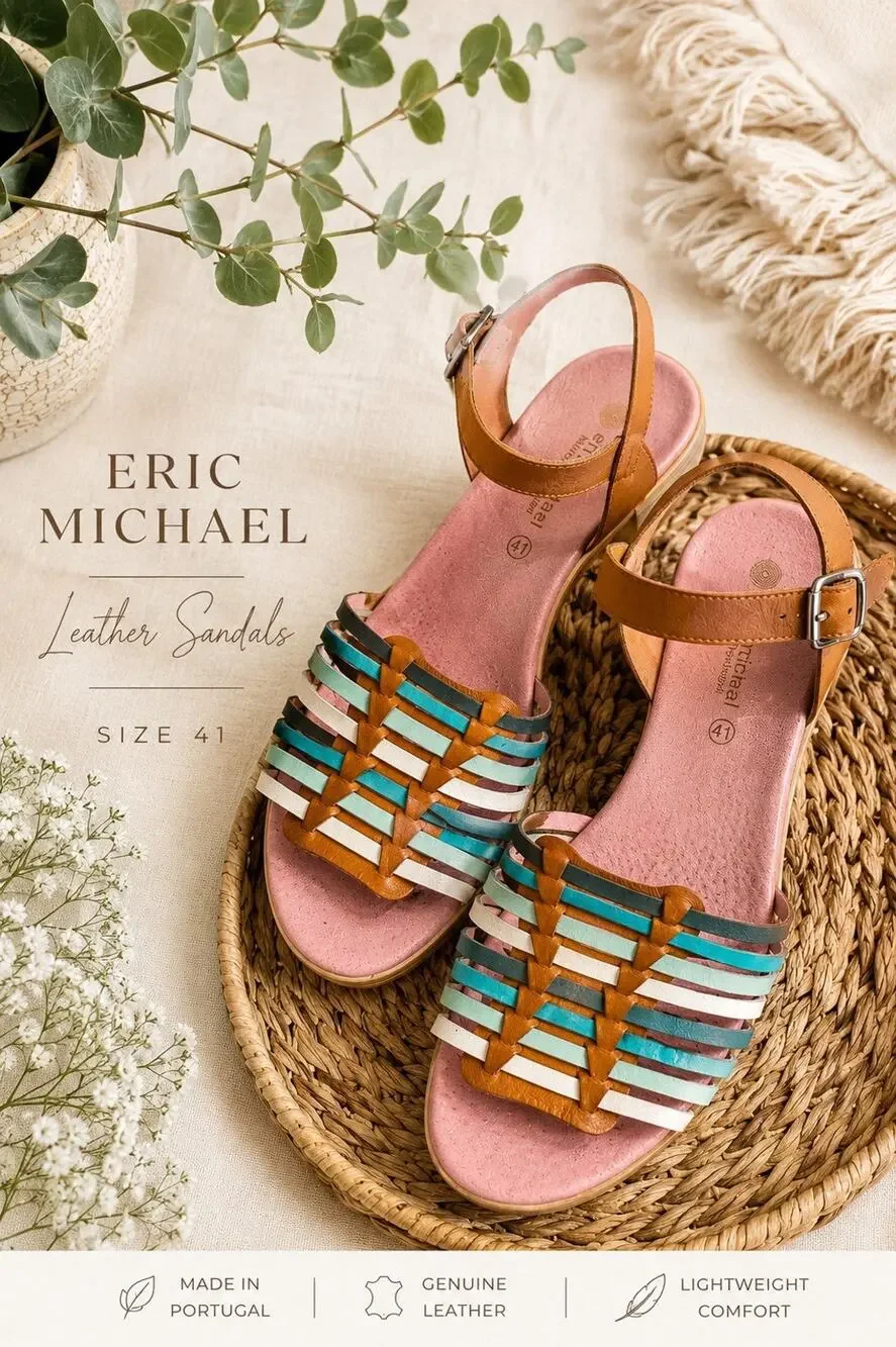Eric michael Leather Woven Sandles Brown White Aqua And Pink Size 41